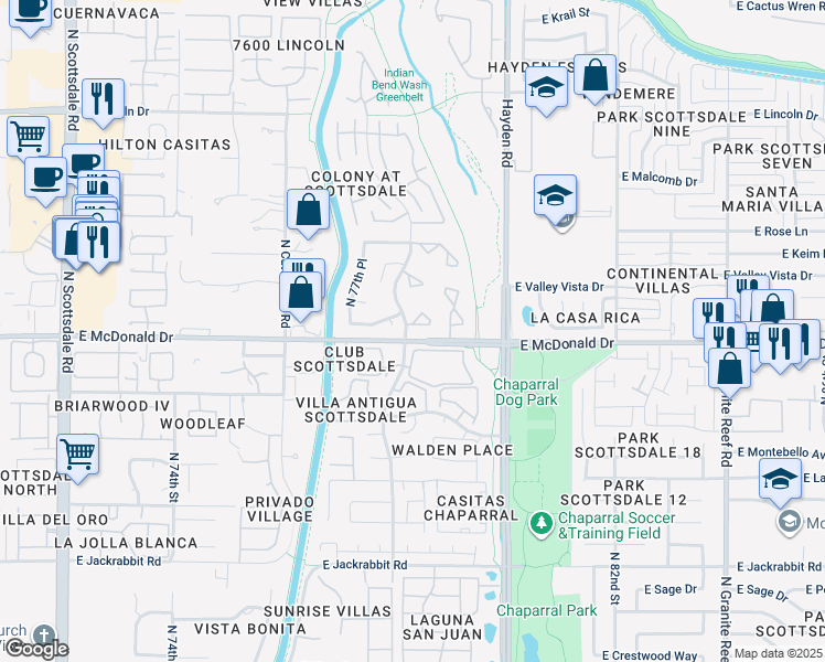 map of restaurants, bars, coffee shops, grocery stores, and more near 7832 East Rovey Avenue in Scottsdale