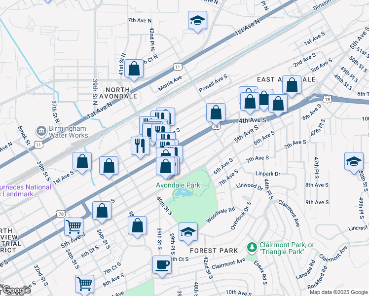 map of restaurants, bars, coffee shops, grocery stores, and more near 4218 3rd Avenue South in Birmingham