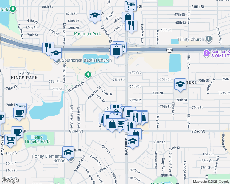 map of restaurants, bars, coffee shops, grocery stores, and more near 3408-3410 76th Street in Lubbock