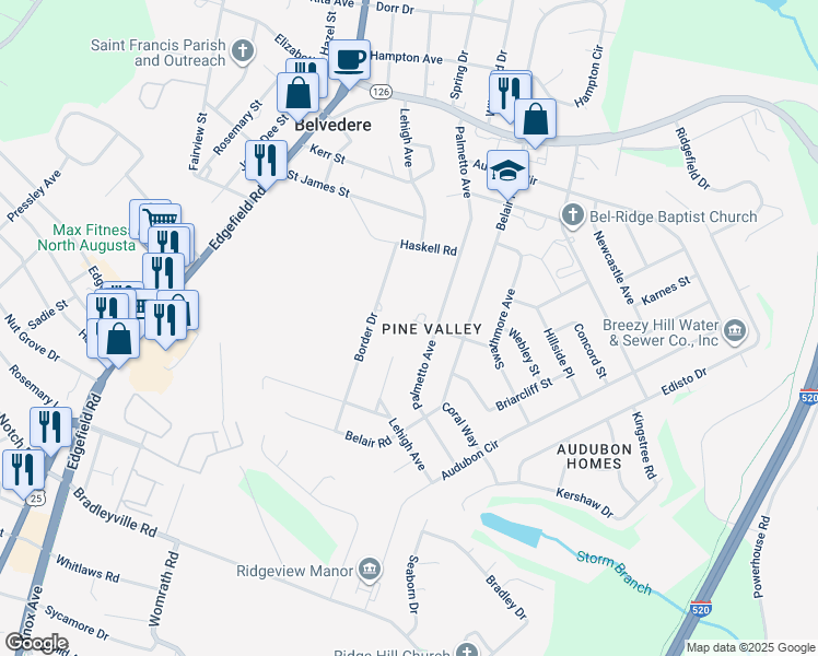 map of restaurants, bars, coffee shops, grocery stores, and more near 6 Piedmont Street in North Augusta