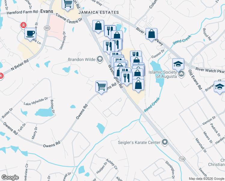 map of restaurants, bars, coffee shops, grocery stores, and more near 4216 Washington Road in Evans