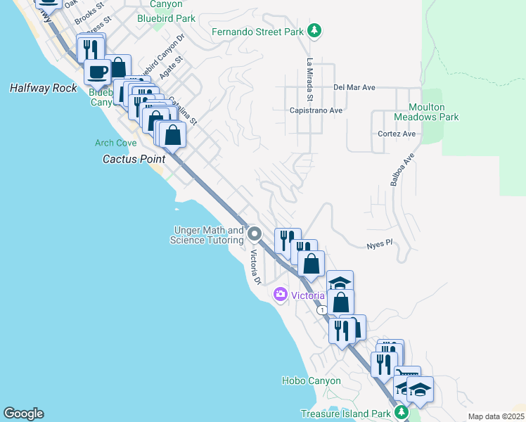 map of restaurants, bars, coffee shops, grocery stores, and more near 2570 Queda Way in Laguna Beach