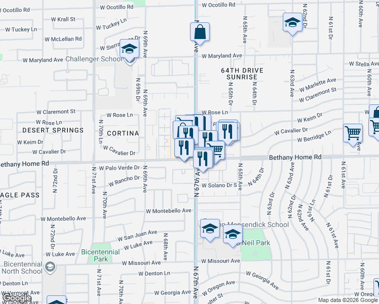 map of restaurants, bars, coffee shops, grocery stores, and more near 6002 North 67th Avenue in Glendale