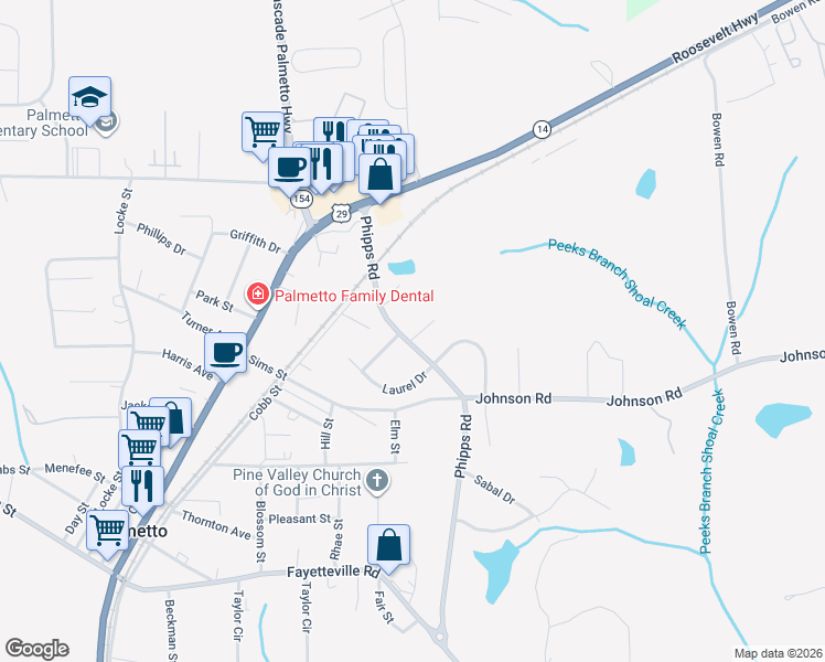 map of restaurants, bars, coffee shops, grocery stores, and more near 165 Pine Terrace in Palmetto