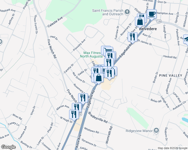 map of restaurants, bars, coffee shops, grocery stores, and more near 122 Edgewood Drive in North Augusta