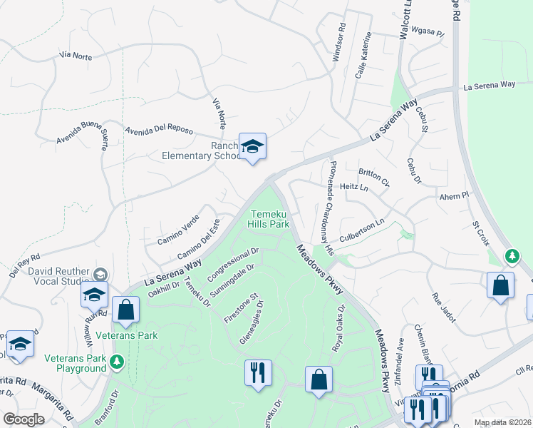 map of restaurants, bars, coffee shops, grocery stores, and more near 31367 La Serena Way in Temecula