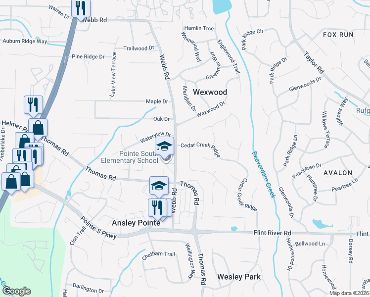 map of restaurants, bars, coffee shops, grocery stores, and more near 8479 Glendevon Court in Riverdale
