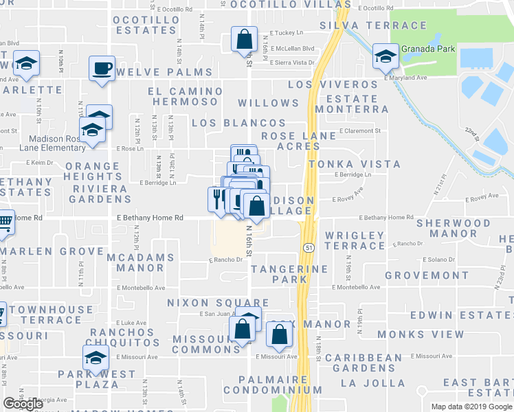 map of restaurants, bars, coffee shops, grocery stores, and more near 6015 North 16th Street in Phoenix