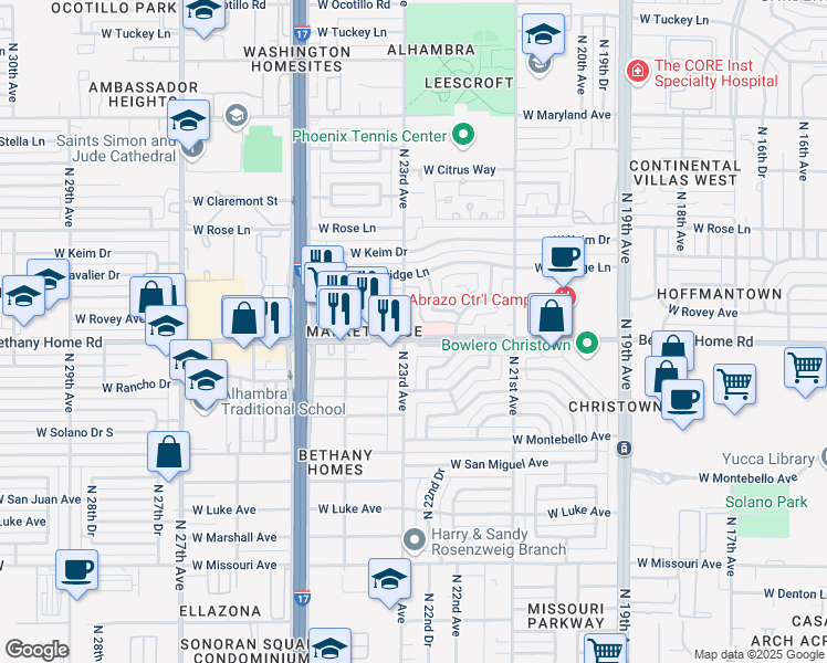 map of restaurants, bars, coffee shops, grocery stores, and more near 6030 North 23rd Avenue in Phoenix