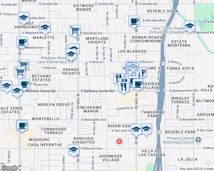 map of restaurants, bars, coffee shops, grocery stores, and more near 1420 East Bethany Home Road in Phoenix