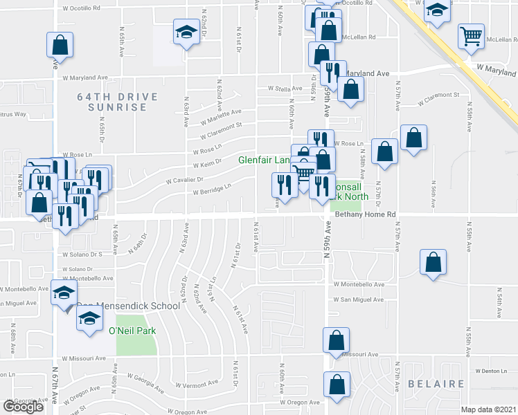 map of restaurants, bars, coffee shops, grocery stores, and more near 6020 North 61st Avenue in Glendale