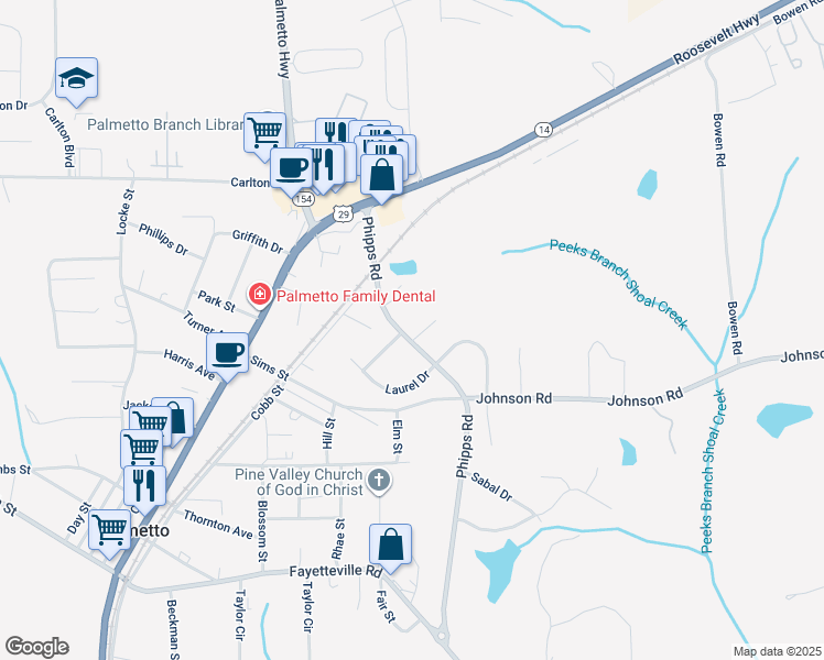 map of restaurants, bars, coffee shops, grocery stores, and more near 165 Pine Terrace in Palmetto