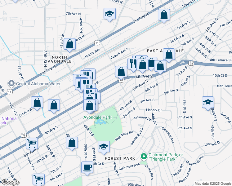 map of restaurants, bars, coffee shops, grocery stores, and more near 4245 3rd Avenue South in Birmingham