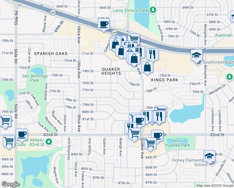 map of restaurants, bars, coffee shops, grocery stores, and more near 4434 77th Street in Lubbock