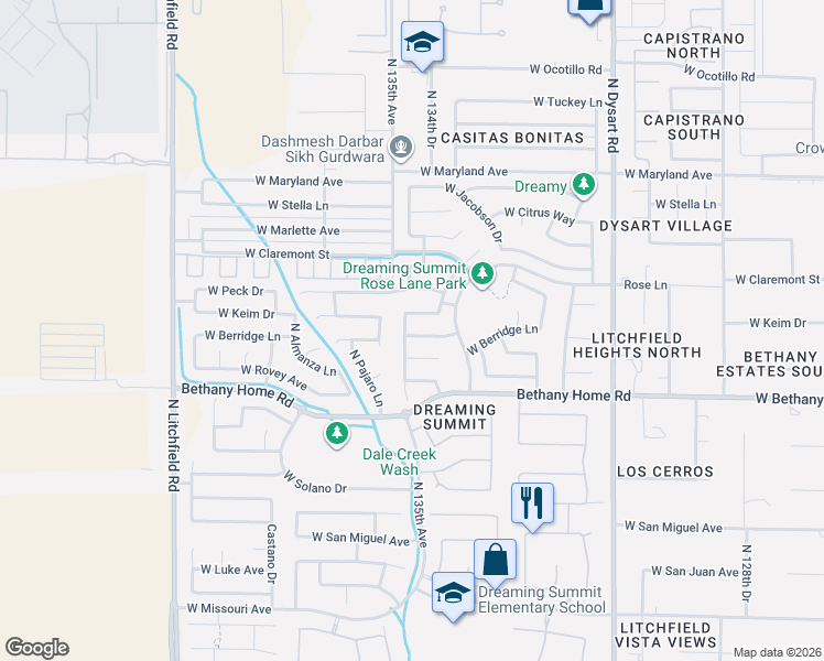 map of restaurants, bars, coffee shops, grocery stores, and more near 13433 West Keim Drive in Litchfield Park