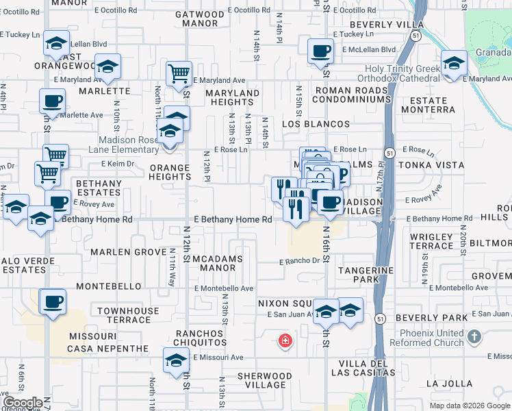 map of restaurants, bars, coffee shops, grocery stores, and more near 1420 East Bethany Home Road in Phoenix