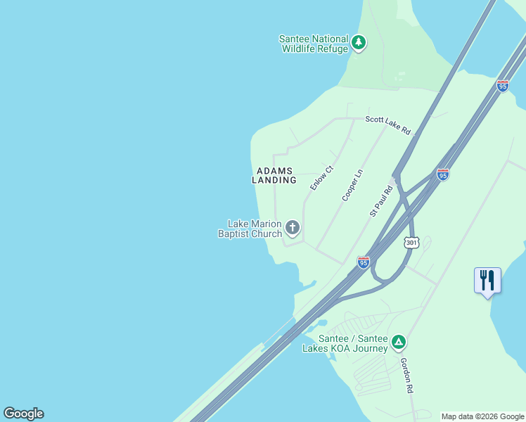 map of restaurants, bars, coffee shops, grocery stores, and more near 1329 Scott Lake Road in Summerton