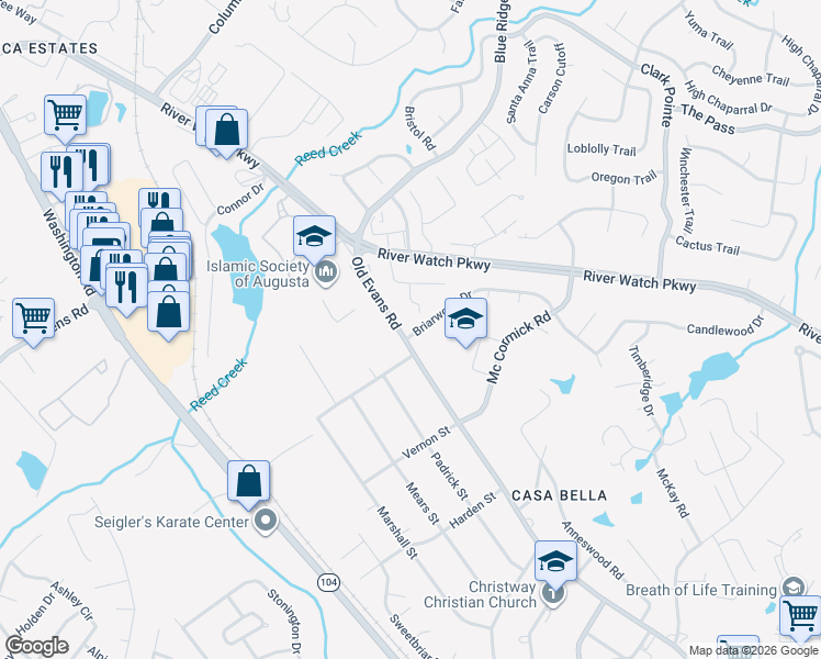 map of restaurants, bars, coffee shops, grocery stores, and more near 420 Old Evans Road in Augusta