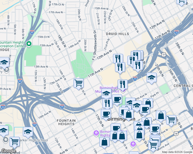 map of restaurants, bars, coffee shops, grocery stores, and more near 1915 11th Avenue North in Birmingham