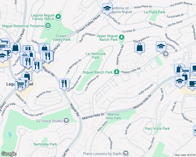 map of restaurants, bars, coffee shops, grocery stores, and more near 24452 Los Serranos Drive in Laguna Niguel