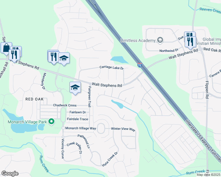 map of restaurants, bars, coffee shops, grocery stores, and more near 100 Wyngate Chase in Stockbridge