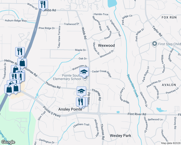 map of restaurants, bars, coffee shops, grocery stores, and more near 8455 Glendevon Court in Riverdale