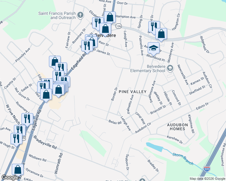 map of restaurants, bars, coffee shops, grocery stores, and more near 221 Border Drive in North Augusta