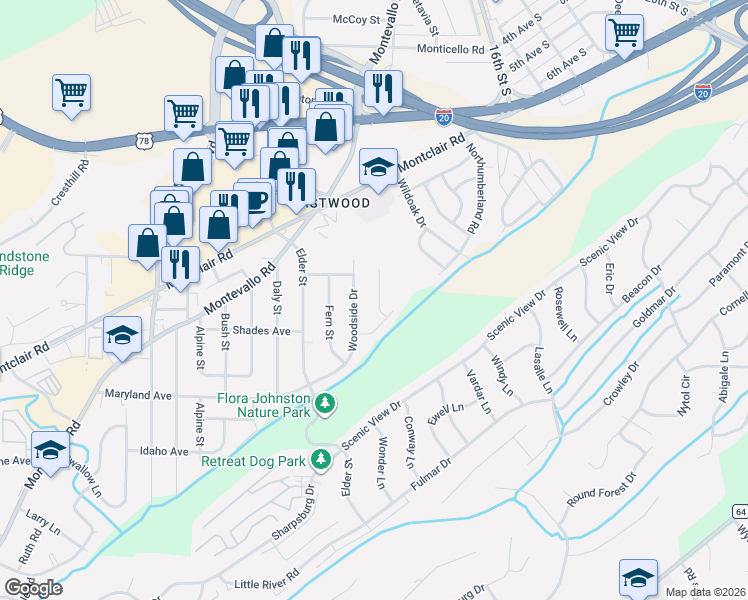 map of restaurants, bars, coffee shops, grocery stores, and more near 129 Woodside Drive in Irondale