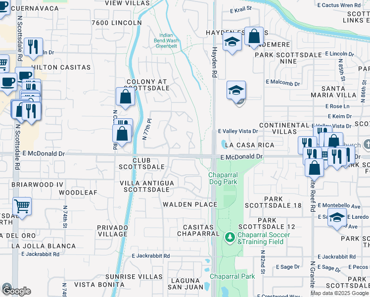 map of restaurants, bars, coffee shops, grocery stores, and more near 7832 East Rovey Avenue in Scottsdale