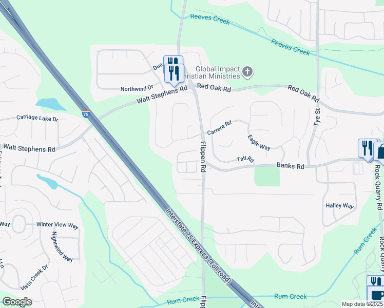 map of restaurants, bars, coffee shops, grocery stores, and more near 520 Village Circle in Stockbridge