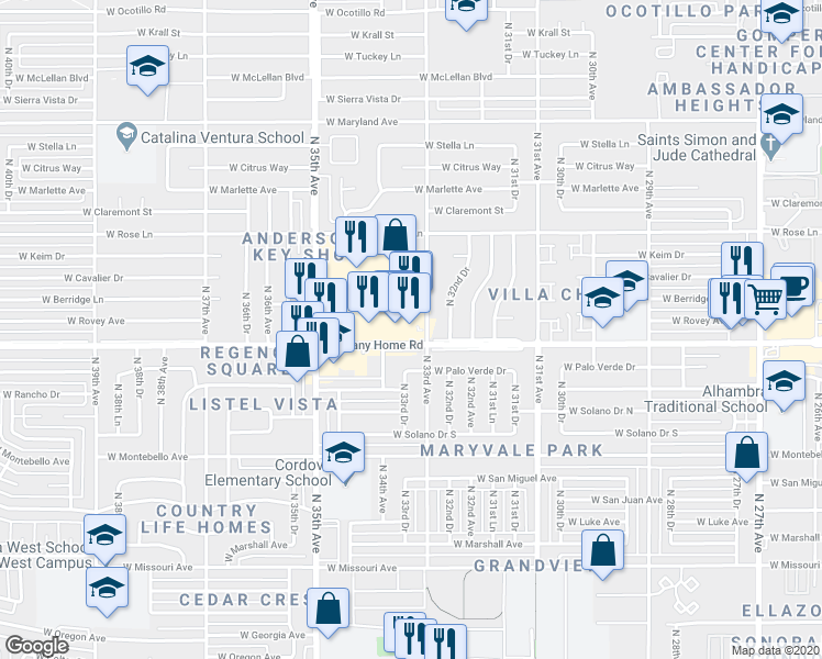 map of restaurants, bars, coffee shops, grocery stores, and more near 3310 West Bethany Home Road in Phoenix