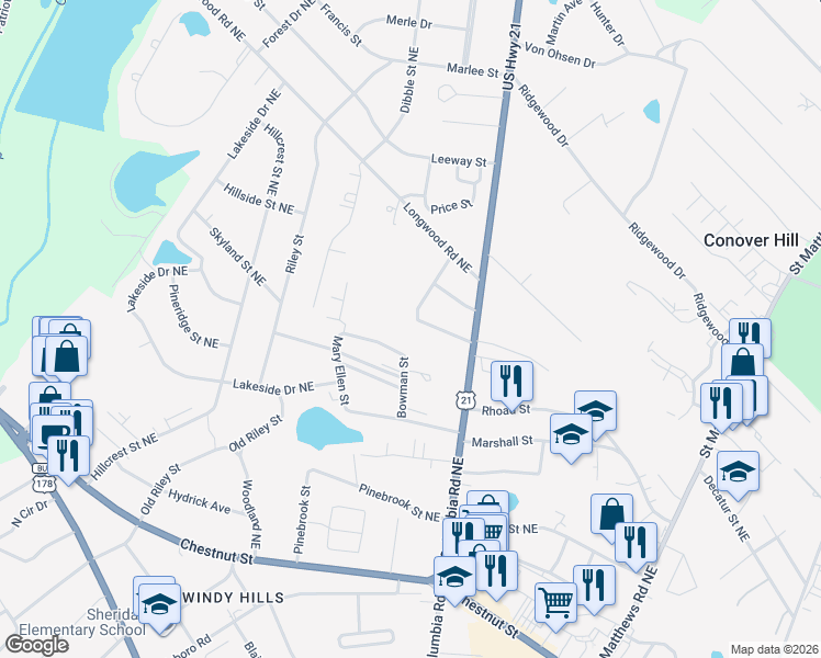 map of restaurants, bars, coffee shops, grocery stores, and more near 1681 Spring Valley Circle Northeast in Orangeburg