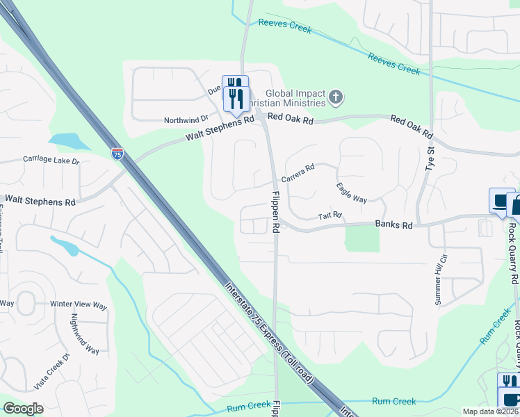 map of restaurants, bars, coffee shops, grocery stores, and more near 525 Village Circle in Stockbridge
