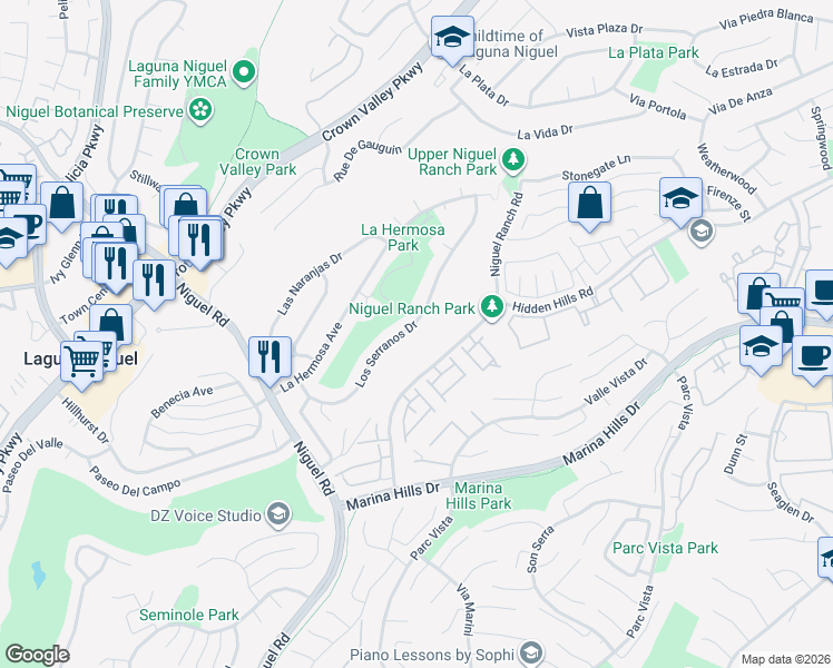 map of restaurants, bars, coffee shops, grocery stores, and more near 24452 Los Serranos Drive in Laguna Niguel