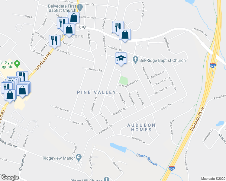 map of restaurants, bars, coffee shops, grocery stores, and more near 124 Swathmore Avenue in North Augusta