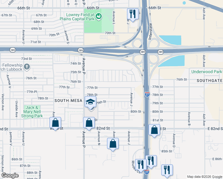 map of restaurants, bars, coffee shops, grocery stores, and more near 1134 77th Street in Lubbock