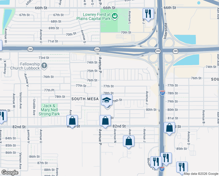 map of restaurants, bars, coffee shops, grocery stores, and more near 1426 77th Street in Lubbock
