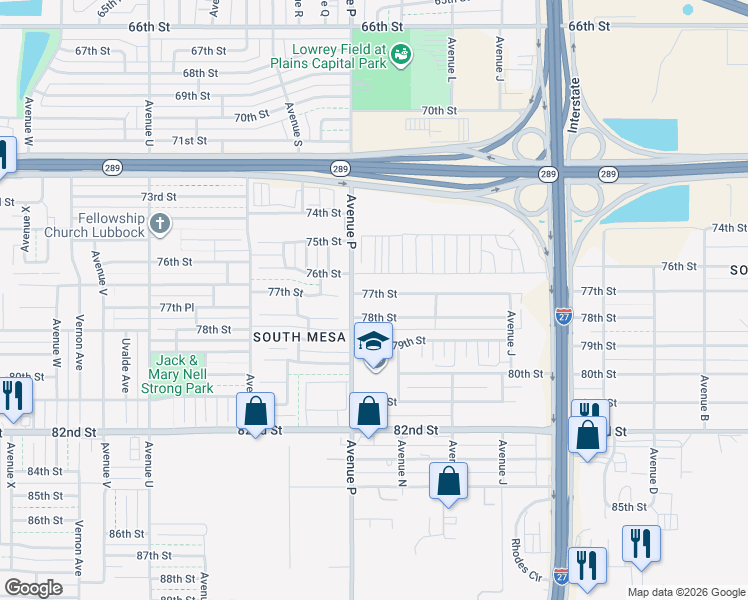 map of restaurants, bars, coffee shops, grocery stores, and more near 1426 77th Street in Lubbock