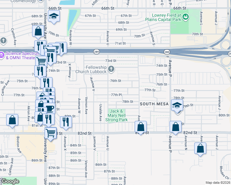 map of restaurants, bars, coffee shops, grocery stores, and more near 1929 77th Street in Lubbock