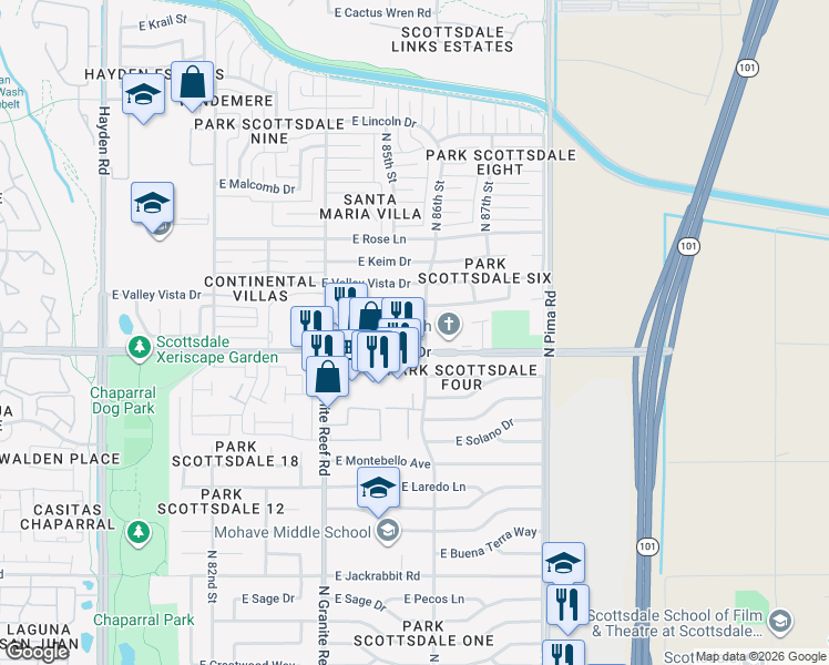 map of restaurants, bars, coffee shops, grocery stores, and more near 8526 East Rovey Avenue in Scottsdale