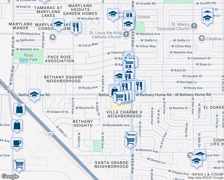 map of restaurants, bars, coffee shops, grocery stores, and more near 4429 West Rovey Avenue in Glendale