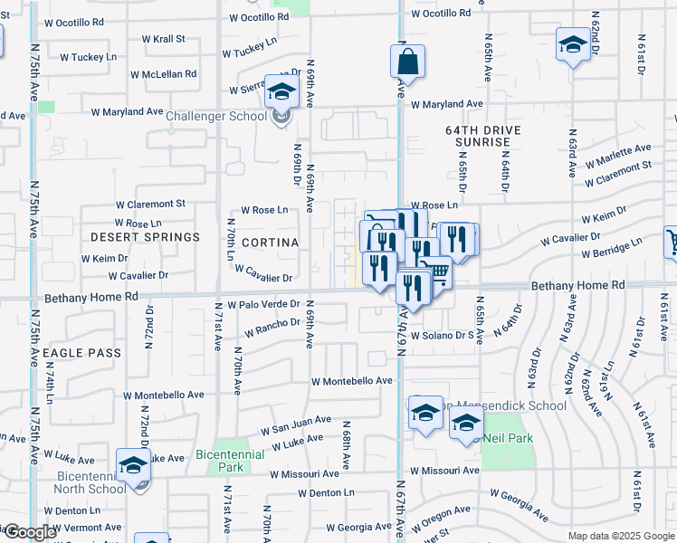 map of restaurants, bars, coffee shops, grocery stores, and more near 6816 West Bethany Home Road in Glendale