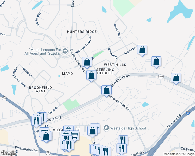 map of restaurants, bars, coffee shops, grocery stores, and more near 3036 Sterling Road in Augusta