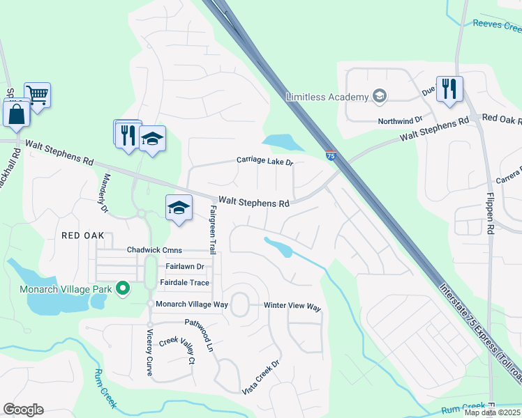 map of restaurants, bars, coffee shops, grocery stores, and more near 100 Wyngate Chase in Stockbridge