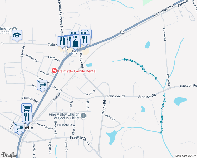 map of restaurants, bars, coffee shops, grocery stores, and more near 180 Pine Terrace in Palmetto
