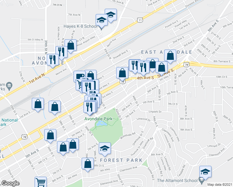 map of restaurants, bars, coffee shops, grocery stores, and more near 4245 3rd Avenue South in Birmingham