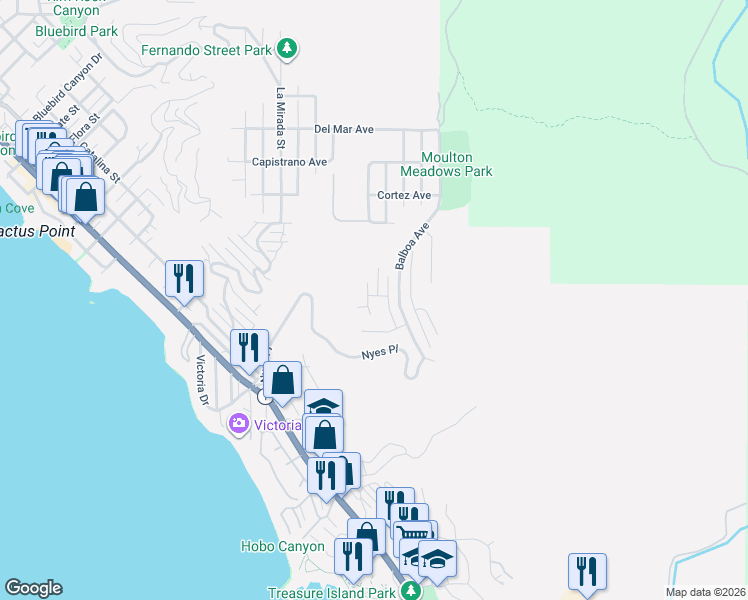 map of restaurants, bars, coffee shops, grocery stores, and more near 743 Davis Way in Laguna Beach