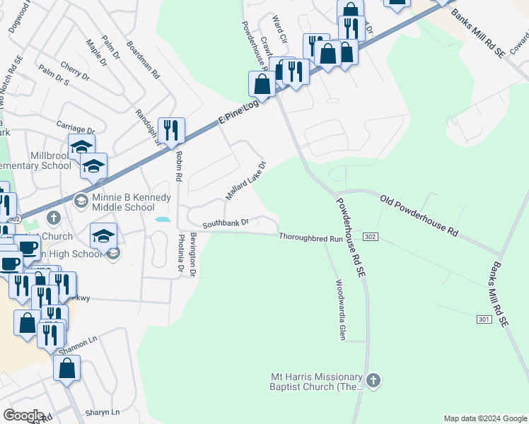 map of restaurants, bars, coffee shops, grocery stores, and more near 335 Southbank Drive in Aiken