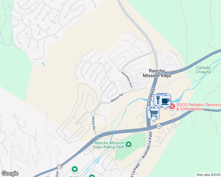 map of restaurants, bars, coffee shops, grocery stores, and more near 15 Galan Street in Ladera Ranch