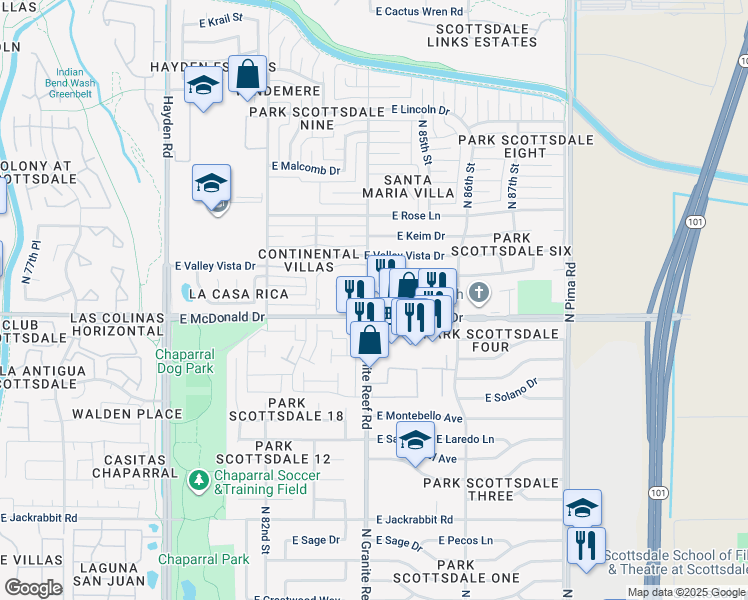map of restaurants, bars, coffee shops, grocery stores, and more near 6005 North Granite Reef Road in Scottsdale